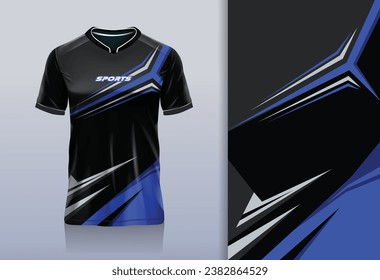 Tshirt mockup abstract stripe sport jersey design for football soccer, racing, esports, running, black blue color