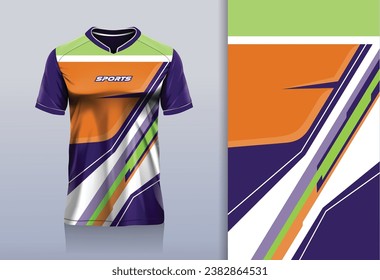 Tshirt mockup abstract stripe sport jersey design for football soccer, racing, esports, running, purple orange color