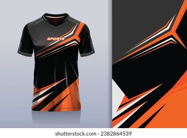 Tshirt mockup abstract stripe sport jersey design for football soccer, racing, esports, running, black orange color