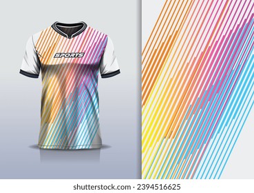 Modelación de camisetas con franjas abstractas línea jersey diseño para fútbol, fútbol, carreras, deportes, carreras, correr, en color azul naranja blanco