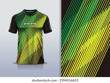 T-shirt mockup with abstract stripes line jersey design for football, soccer, racing, esports, running, in green yellow black color