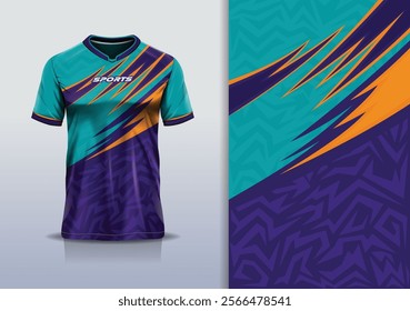 T-shirt mockup abstract texture grunge texture curve line sport jersey design for football, soccer, racing, esports, running, in green purple color