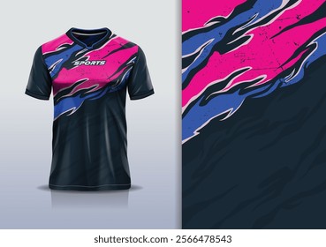 T-shirt mockup abstract texture grunge texture sport jersey design for football, soccer, racing, esports, running, in black pink blue color