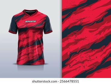 T-shirt mockup abstract texture grunge texture sport jersey design for football, soccer, racing, esports, running, in red black color