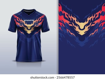 T-shirt mockup abstract texture grunge texture fire sport jersey design for football, soccer, racing, esports, running, in red blue color