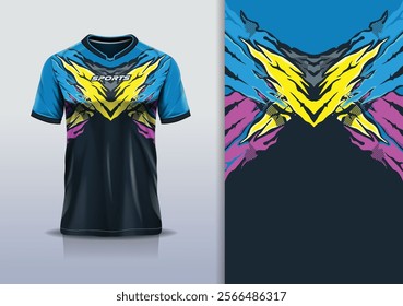 T-shirt mockup abstract texture grunge texture sport jersey design for football, soccer, racing, esports, running, in yellow pink blue black color