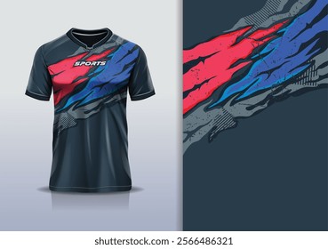 T-shirt mockup abstract texture grunge texture sport jersey design for football, soccer, racing, esports, running, in red blue black color