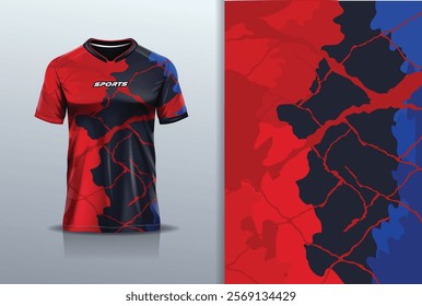 T-shirt mockup abstract texture grunge texture sport jersey design for football, soccer, racing, esports, running, in red black blue color