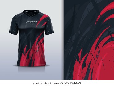 T-shirt mockup abstract texture grunge texture curve line sport jersey design for football, soccer, racing, esports, running, in red black color