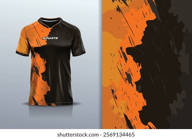 T-shirt mockup abstract texture grunge texture sport jersey design for football, soccer, racing, esports, running, in black orange color