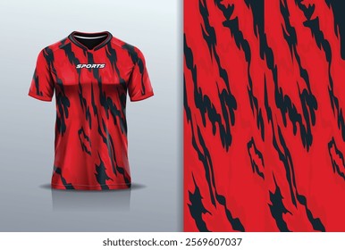 T-shirt mockup abstract texture grunge texture sport jersey design for football, soccer, racing, esports, running, in black red color