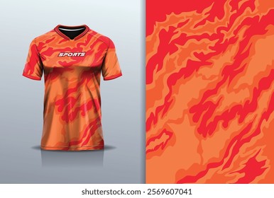 T-shirt mockup abstract texture grunge fire flame texture sport jersey design for football, soccer, racing, esports, running, in orange red color