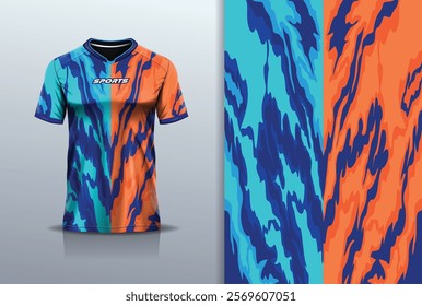 T-shirt mockup abstract texture grunge texture sport jersey design for football, soccer, racing, esports, running, in blue orange color