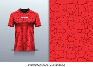 T-shirt mockup abstract texture grunge texture sport jersey design for football, soccer, racing, esports, running, in red color