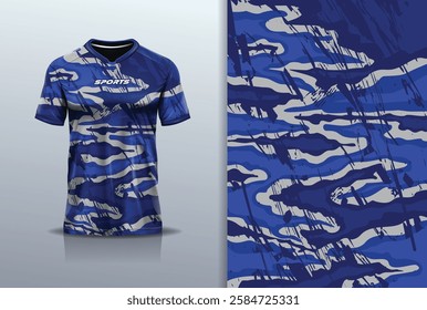 T-shirt mockup abstract texture grunge texture sport jersey design for football, soccer, racing, esports, running, in blue color