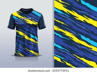 T-shirt mockup abstract texture grunge texture sport jersey design for football, soccer, racing, esports, running, in blue yellow color