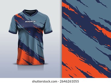 T-shirt mockup textura abstrata grunge textura esporte jersey design para futebol, futebol, corrida, esportes, corrida, cor azul marinho laranja cinza