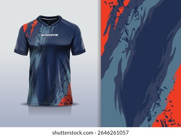 T-shirt mockup abstract texture grunge texture sport jersey design for football, soccer, racing, esports, running, orange gray blue navy color