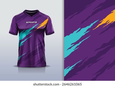 T-shirt mockup textura abstrata grunge textura esporte jersey design para futebol, futebol, corrida, esportes, corrida, cor laranja azul púrpura