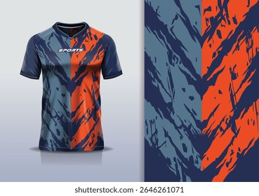 T-shirt mockup textura abstrata grunge textura esporte jersey design para futebol, futebol, corrida, esportes, corrida, cor azul marinho laranja cinza