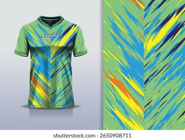 T-shirt mockup abstrata textura grunge textura esporte jersey design para futebol, futebol, corrida, esportes, corrida, verde azul amarelo cor