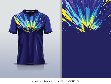 T-shirt mockup textura abstrata grunge textura esporte jersey design para futebol, futebol, corrida, esportes, corrida, azul roxo cor amarela