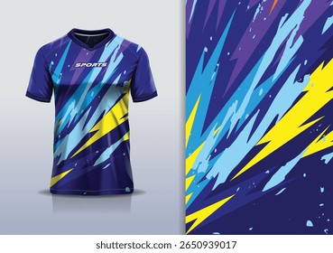 T-shirt mockup textura abstrata grunge textura esporte jersey design para futebol, futebol, corrida, esportes, corrida, azul roxo cor amarela