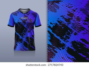 T-shirt mockup abstrata textura grunge esporte jersey design para futebol, futebol, corrida, esportes, corrida, roxo azul preto cor
