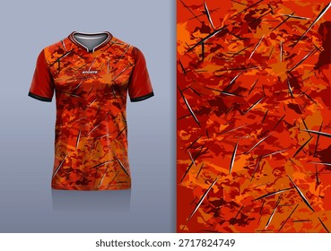 Diseño abstracto del jersey del deporte del grunge de la textura de la maqueta de la camiseta para el fútbol, fútbol, carreras, deportes electrónicos, corriendo, color naranja rojo