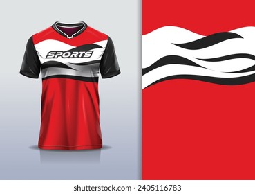 T-shirt mockup with abstract wave curve line jersey design for football, soccer, racing, esports, running, in red black color 