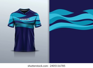 T-shirt mockup with abstract wave curve line jersey design for football, soccer, racing, esports, running, in blue color 