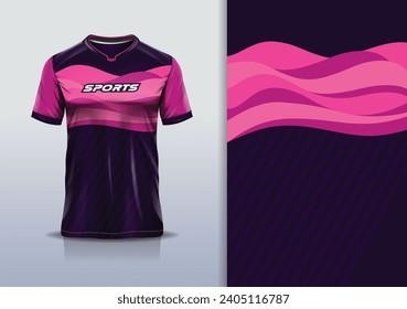 T-shirt mockup with abstract wave curve line jersey design for football, soccer, racing, esports, running, in pink black color 