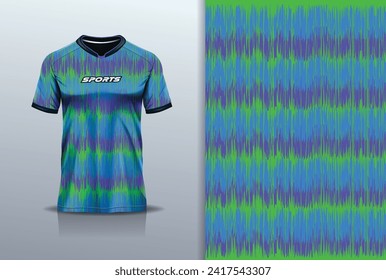 T-shirt mockup with abstract wave grunge sport jersey design for football, soccer, racing, esports, running, in green purple color