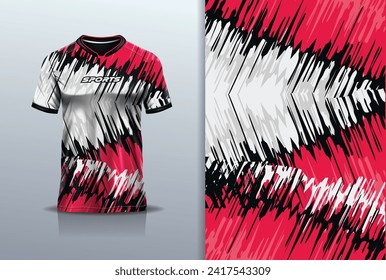 T-shirt mockup with abstract wave grunge sport jersey design for football, soccer, racing, esports, running, in white red color