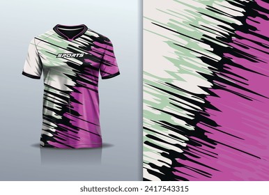 T-shirt mockup with abstract wave grunge sport jersey design for football, soccer, racing, esports, running, in white purple color