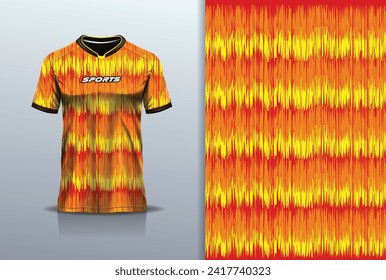 T-shirt mockup with abstract wave grunge sport jersey design for football, soccer, racing, esports, running, in red yellow color