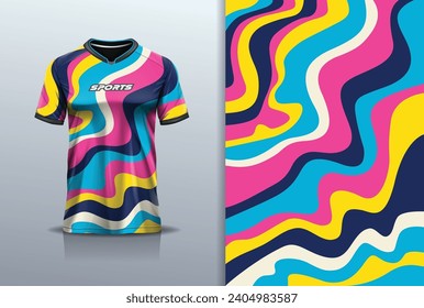 T-shirt mockup with abstract wave line jersey design for football, soccer, racing, esports, running, in full color	