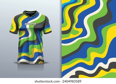 T-shirt mockup with abstract wave line jersey design for football, soccer, racing, esports, running, in full color	