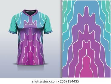 T-shirt mockup abstract wave line jersey design for football, soccer, racing, esports, running, in green purple pastel color