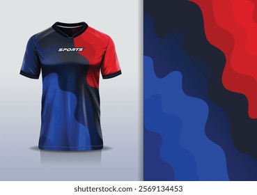 T-shirt mockup abstract wave line jersey design for football, soccer, racing, esports, running, in blue navy red color