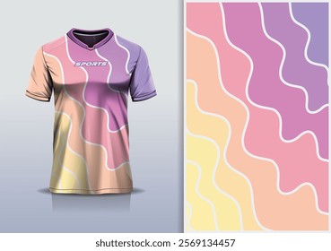 T-shirt mockup abstract wave line jersey design for football, soccer, racing, esports, running, in yellow purple pastel color