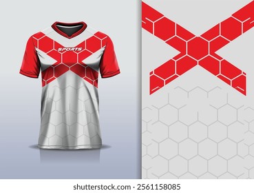 T-shirt mockup abstract X sharp line hexagon sport jersey design for football, soccer, racing, esports, running, in red white red gray color