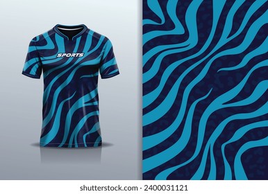 T-shirt mockup with abstract zebra seamless pattern jersey design for football, soccer, racing, esports, running, in blue color