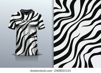 T-shirt mockup with abstract zebra seamless pattern jersey design for football, soccer, racing, esports, running, in black white color
