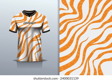 T-shirt mockup with abstract zebra seamless pattern jersey design for football, soccer, racing, esports, running, in orange color
