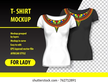 T-Shirt Mockup with African ornaments in two colors. Mockup layered and editable.