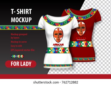 T-Shirt Mockup with African patterns and mask in two colors. Mockup layered and editable.