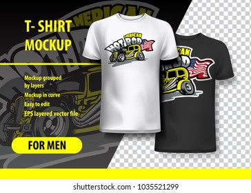 T-Shirt Mockup with American Hot Rod phrase in two colors. Mockup layered and editable.