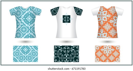 T-shirt mockup. American Indian style. Vector tribal design for fashion prints. Tiled backgrounds. Seamless patterns in Swatches.