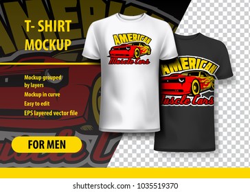 T-Shirt Mockup with American Muscle Cars phrase in two colors. Mockup layered and editable.